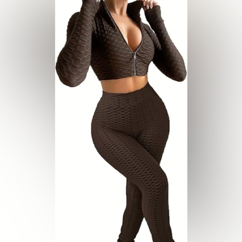 SHEIN Plaid Cropped Workout Top ONLY S color Brown long sleeve yoga Top - Picture 1 of 6